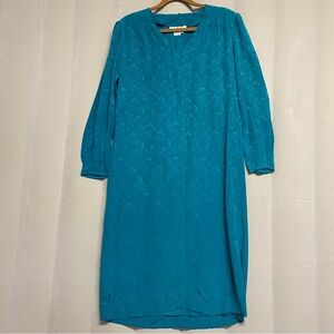 Vintage Women’s Dress Size 12 100% Pure Silk Floral Teal Housedress Feminine
